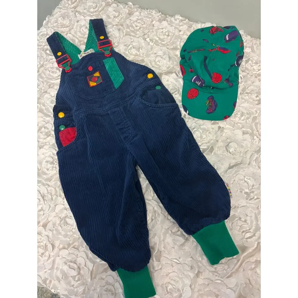 Vtg 90s Gymboree Rainbow Tag Colorblock Corduroy Overalls & Hat Set 18-24M Small
